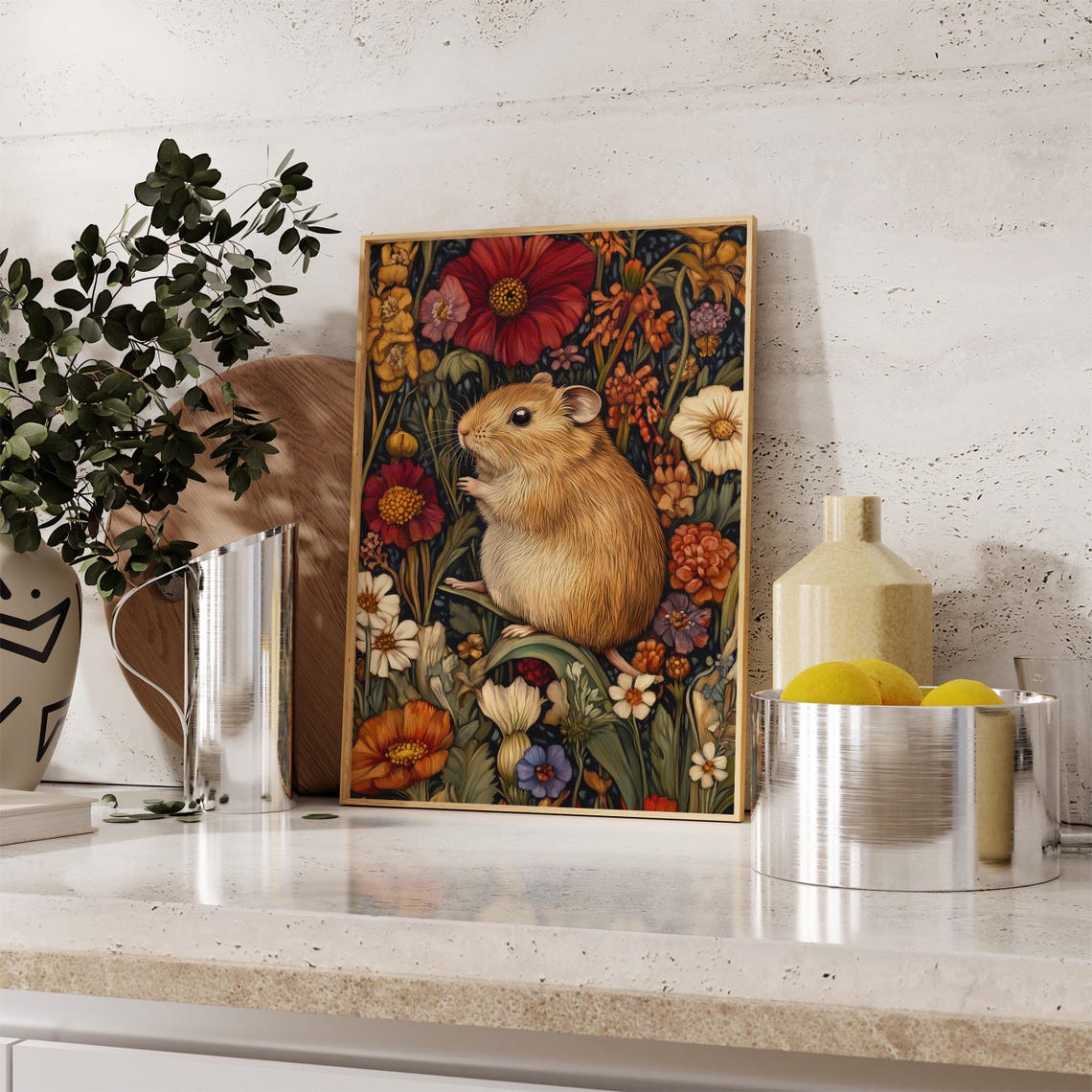 Golden Hamster Among Red Orange Wildflowers Dark Botanical Art Poster - Image 2