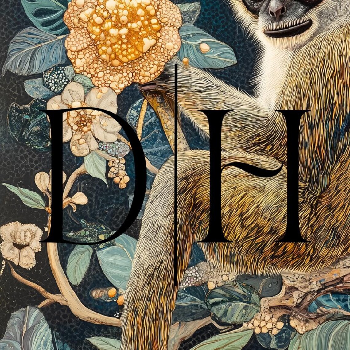 Green Monkey Sitting On Flowering Branch Dark Navy Botanical Art Poster - Image 3