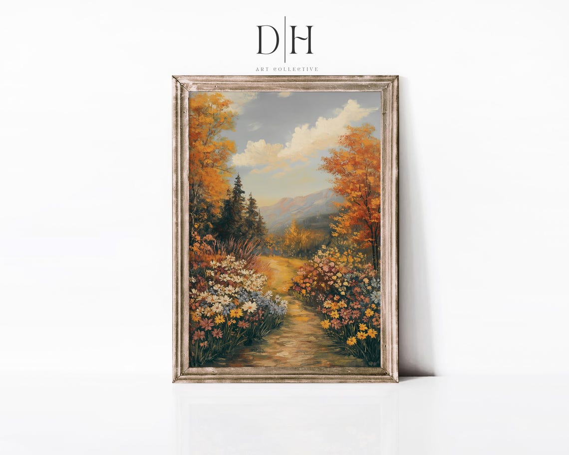 Autumn Mountain Path Colorful Wildflowers Orange Trees Fall Art Poster