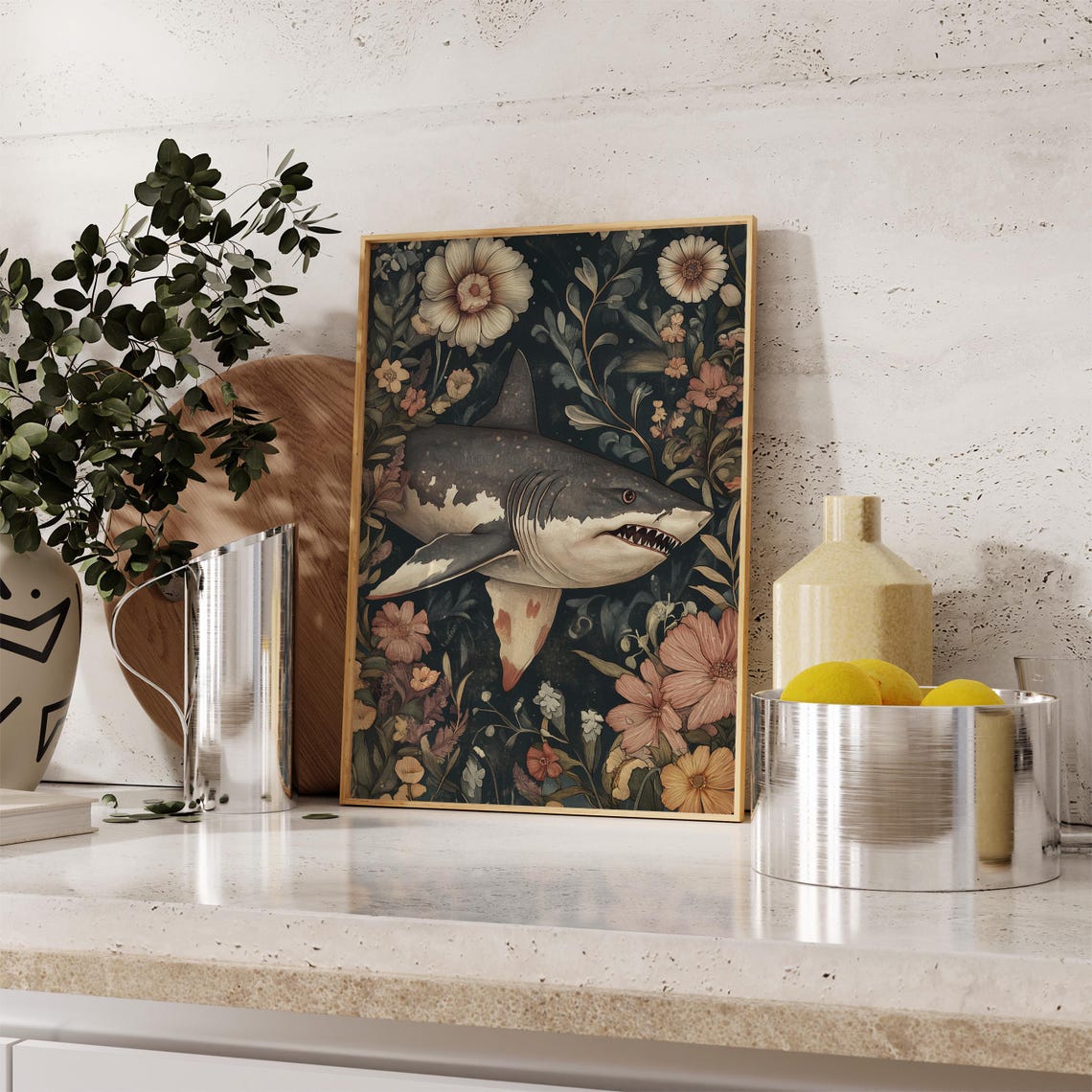 Great White Shark Among Flowers Dark Botanical Ocean Fantasy Poster - Image 2