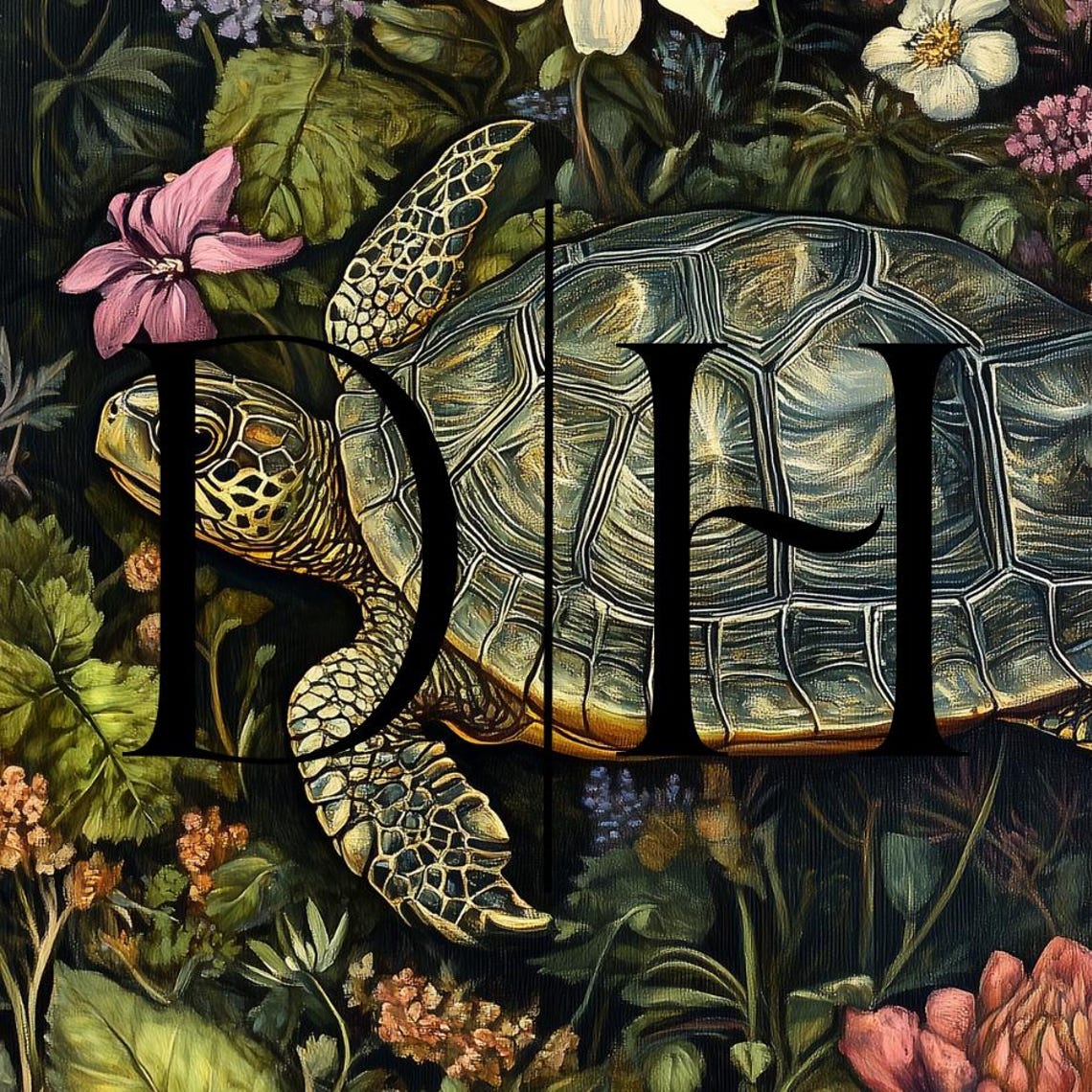 Green Sea Turtle Swimming Dark Botanical Garden Floral Wall Poster - Image 3