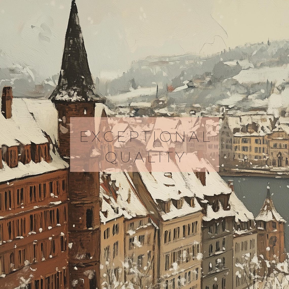 Winter Wonderland European Town Painting Snowy Cityscape Art Print Rustic Winter Wall Art Cozy European Village Decor - Image 3