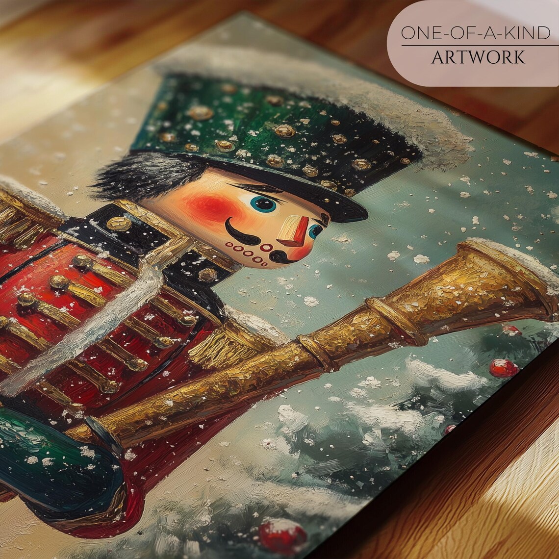 Nutcracker Soldier With Golden Staff Snowy Christmas Holiday Art Print - Image 2