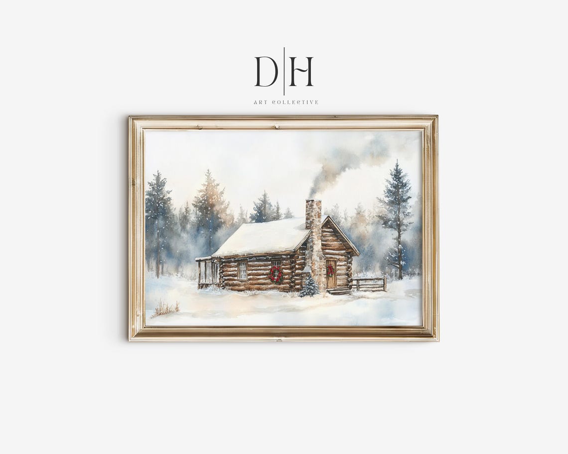 Log Cabin Winter Scene Wall Art Watercolor Painting Of Snowy Forest Home Cozy Christmas Decor Country Cabin Holiday Print