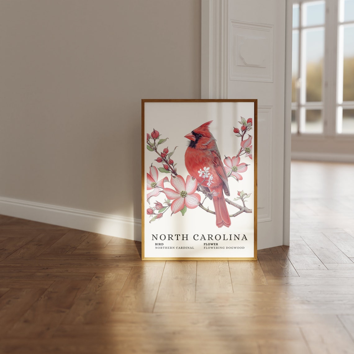 North Carolina Northern Cardinal State Bird And Flowering Dogwood Art Print Cardinal Bird Dogwood Flower Art North Carolina Wall Art - Image 3