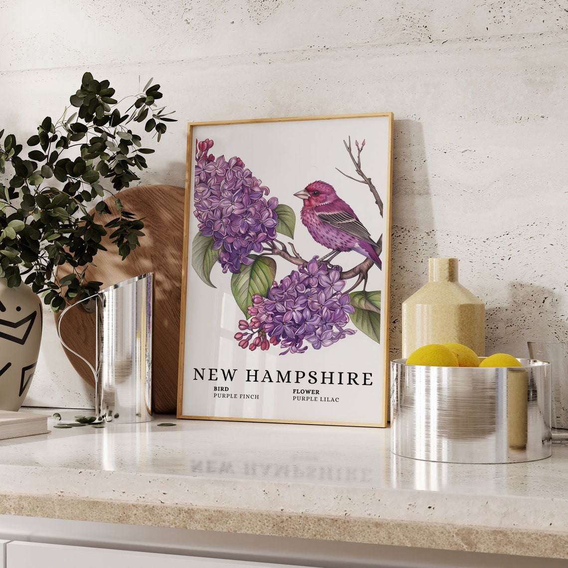New Hampshire Purple Finch State Bird And Purple Lilac Art Print Finch Bird Lilac Flower Art New Hampshire State Wall Art Print - Image 2