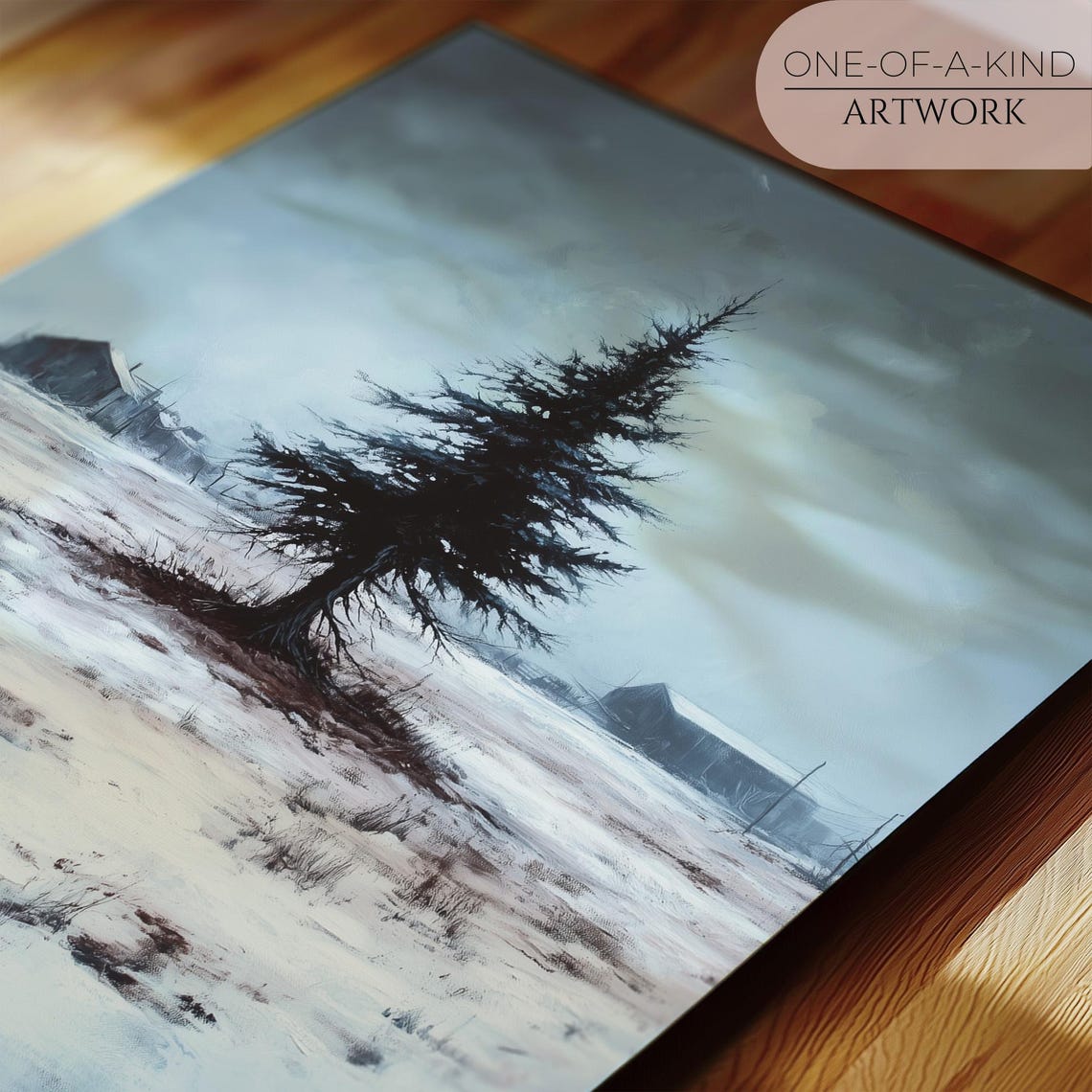 Moody Lone Evergreen In Snowy Field Dark Winter Countryside Art Print - Image 2
