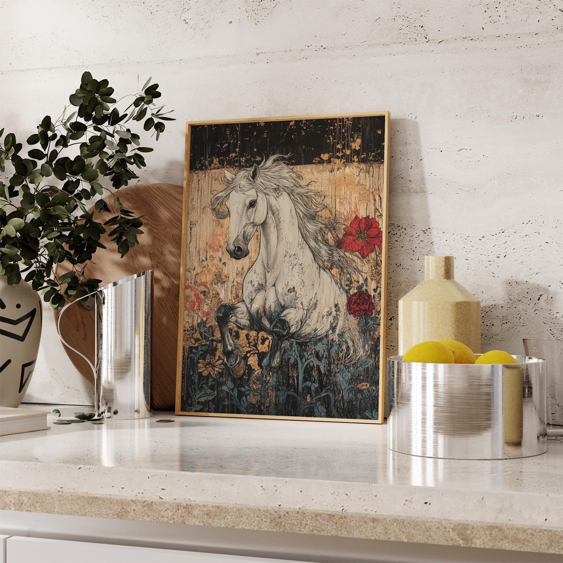 White Horse Rearing Aged Gold Black Ground Red Flowers Vintage Poster - Image 2
