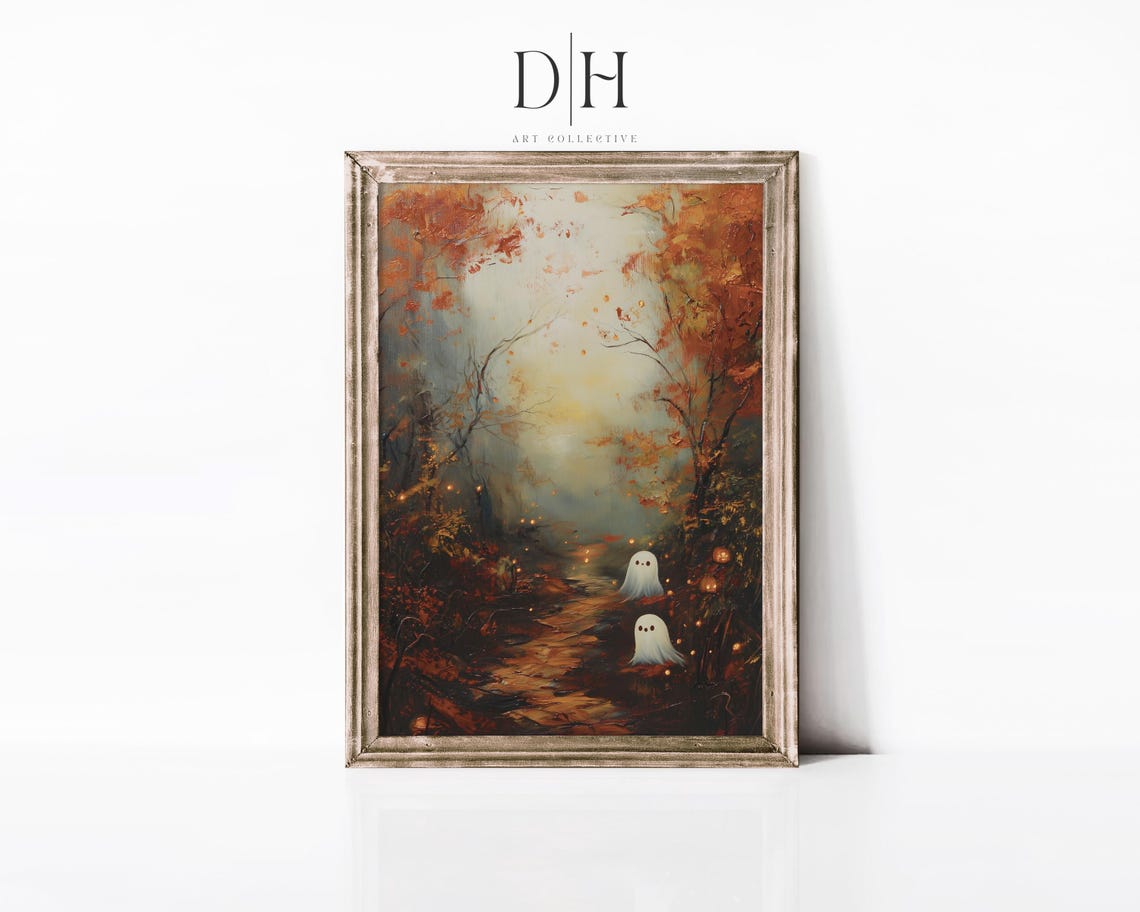 Cute Ghosts Playing With Fireflies Autumn Art Antique Halloween Spooky Painting Fall Season Artwork
