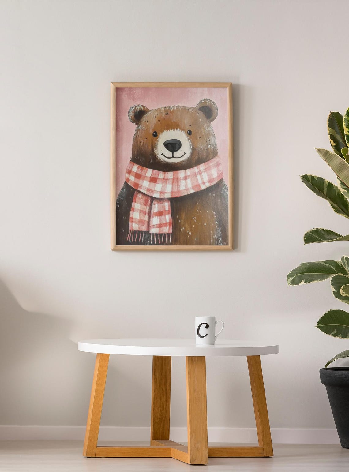 Fluffy Brown Bear With Pink Gingham Scarf Winter Nursery Poster - Image 3