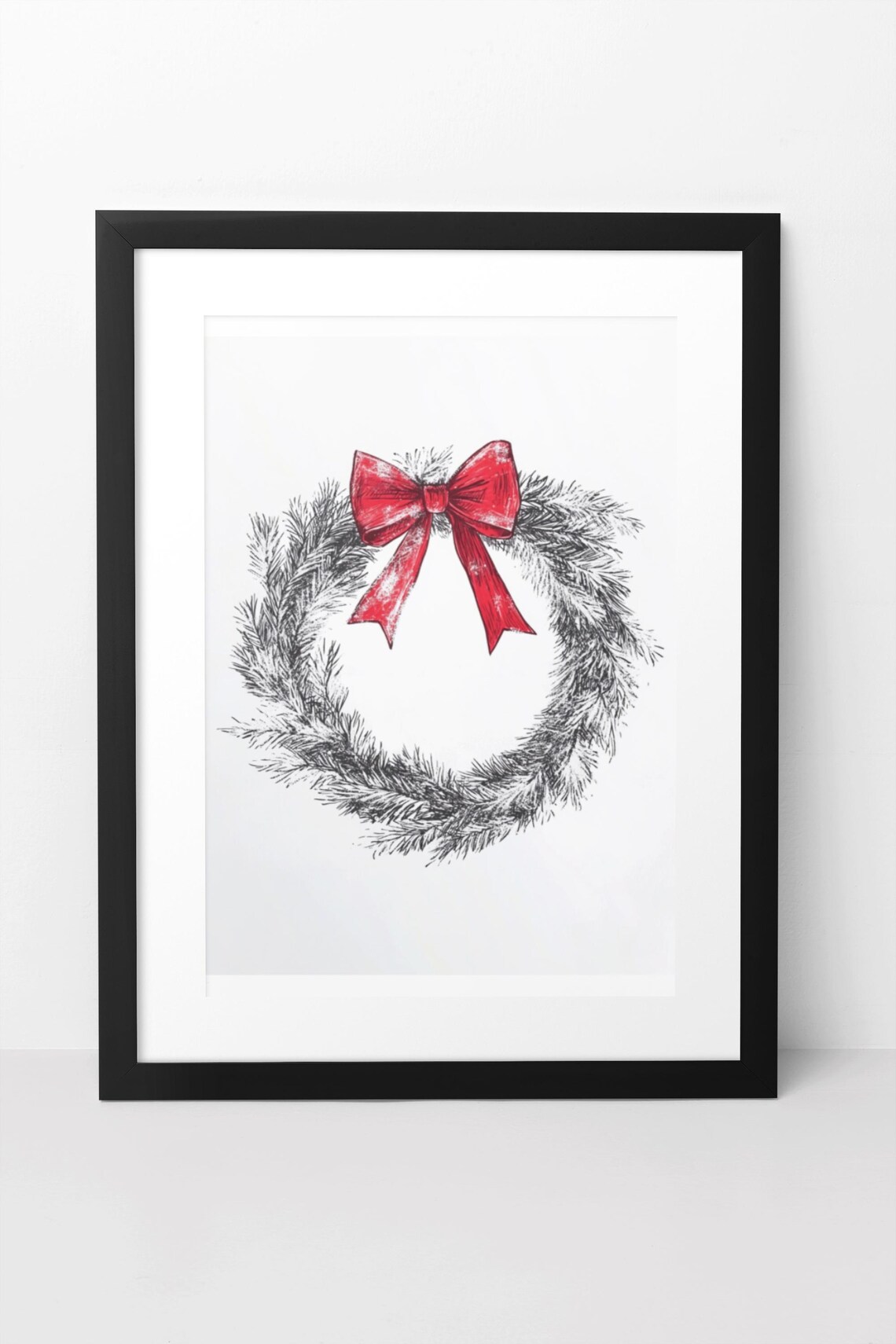 Monochrome Pine Wreath Sketch With Vivid Red Bow Holiday Art Poster - Image 2