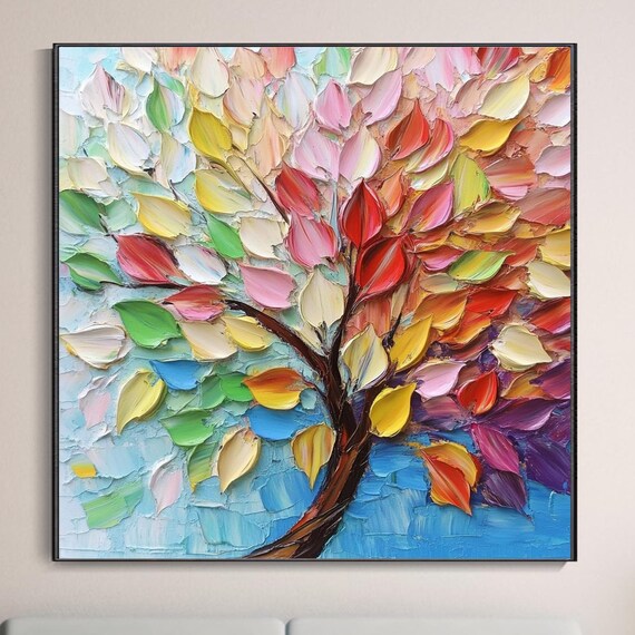 Colored Landscape Tree Original Square Heavy Texture High Grade Hand Tree Oil Painting Living Room Dining Room Decor Painting Porch Hanging