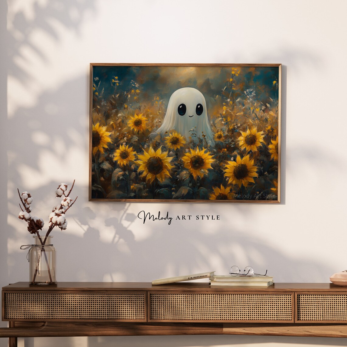 Cute Ghost In Golden Sunflower Field Moody Fall Halloween Art Poster - Image 2