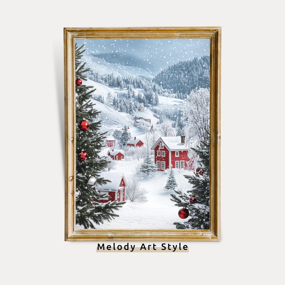 Snowy Christmas Village Red Cabins Fir Trees Winter Night Poster