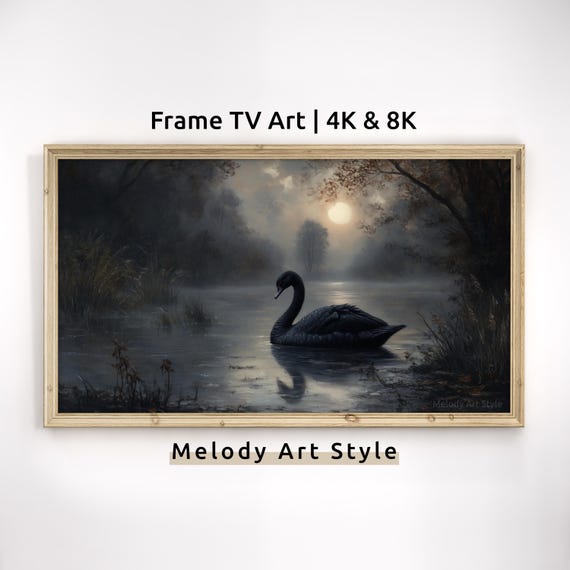 Black Swan Frame Tv Art 4k 8k Moody Lake Painting Screensaver Gothic Moonlight Landscape Artwork Misty Decor F230