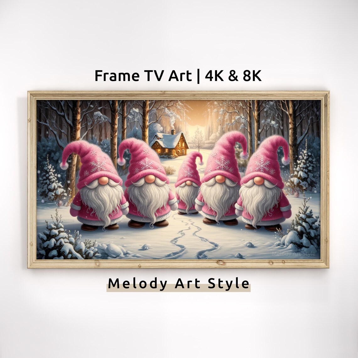 Pink Christmas Gnomes Snowy Forest Cabin Frame TV Art Poster