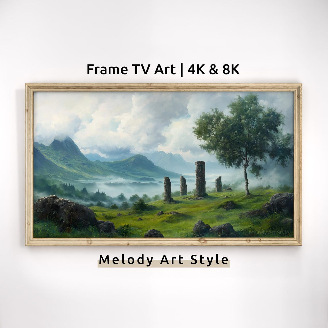 Ancient Stone Circle Misty Highland Valley Mountains Landscape Poster