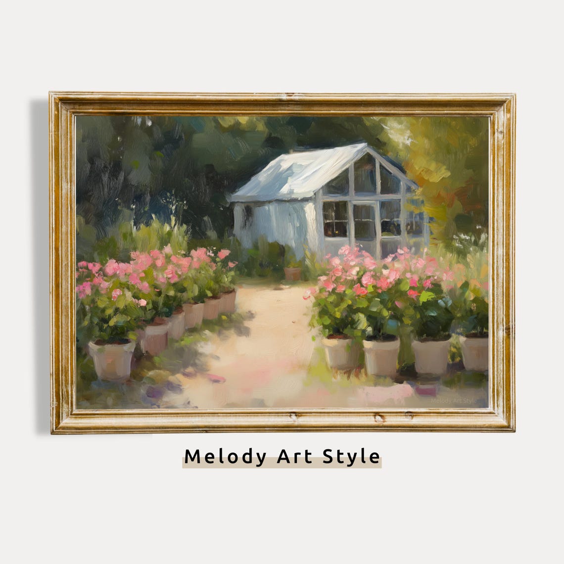 White Greenhouse With Pink Potted Flowers Sunlit Garden Path Poster