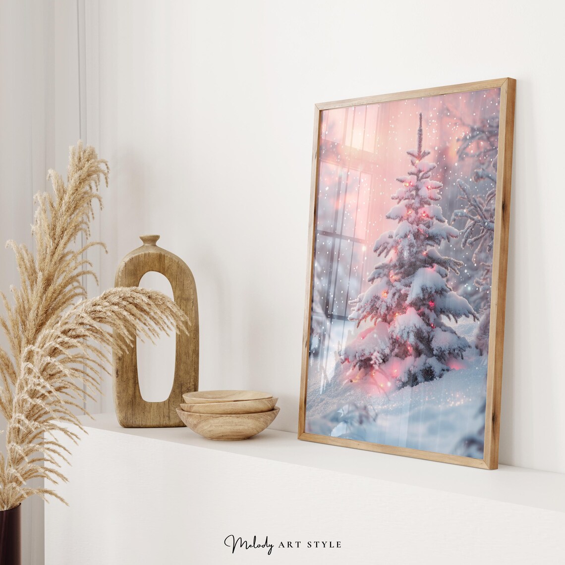 Glowing Pink Snowy Christmas Tree Winter Wonderland Holiday Art Poster - Image 2