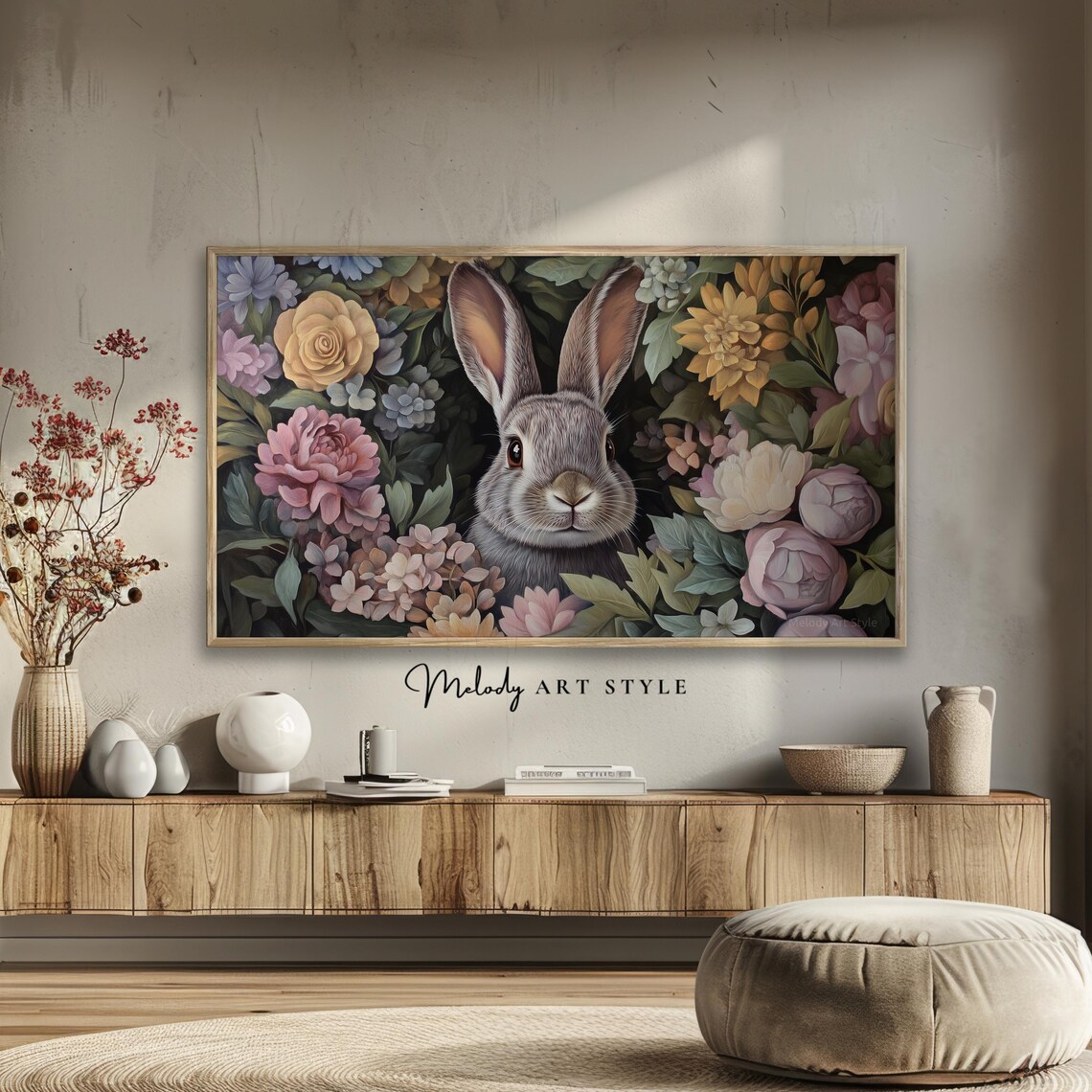 Gray Bunny Peeking Through Lush Garden Flowers Spring Poster - Image 2