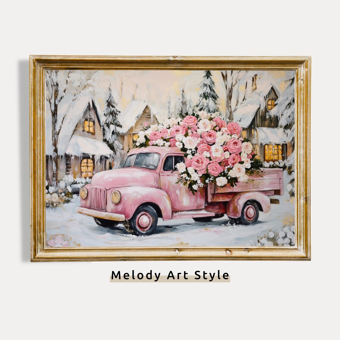 Pink Vintage Truck Loaded With Roses Snowy Christmas Village Poster