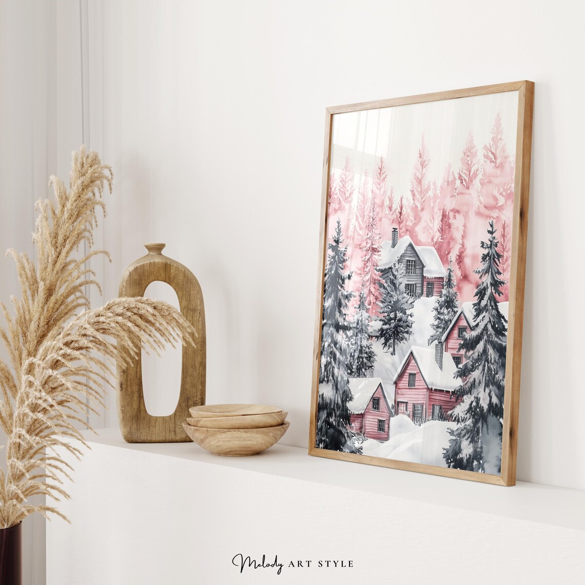 Pink Winter Cabins Snowy Hillside Forest Watercolor Holiday Poster - Image 2