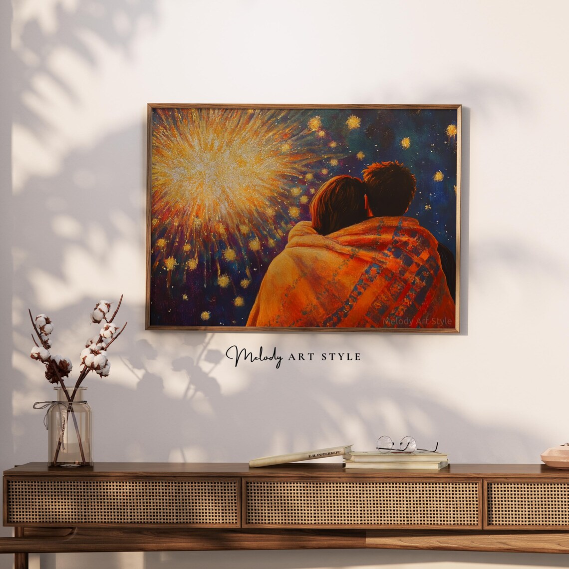 Couple Under Blanket Watching Golden Fireworks Romantic Night Poster - Image 2