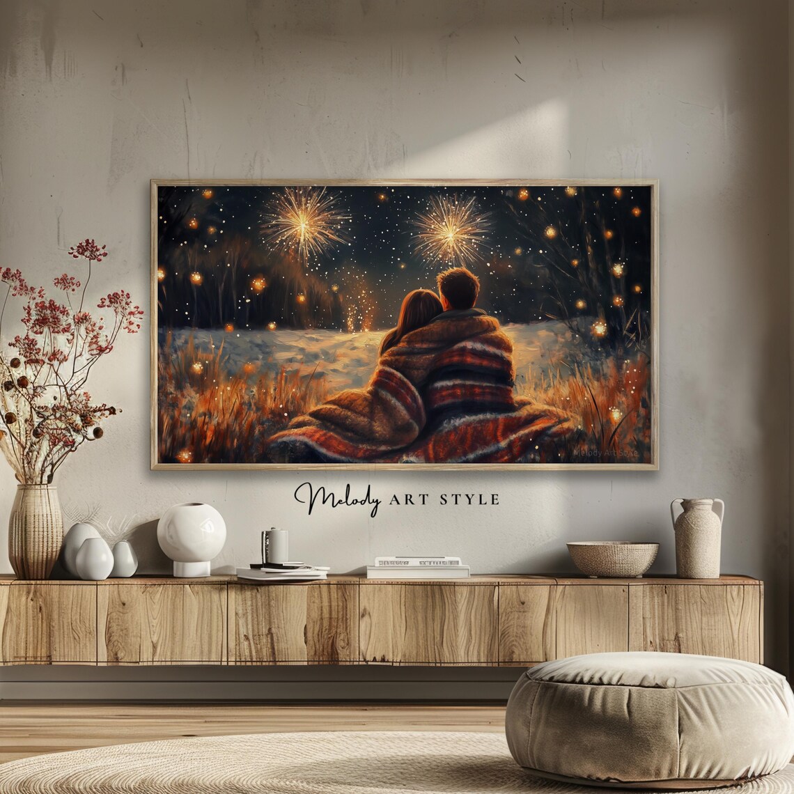 Couple Watching Fireworks Snowy Night Romantic Blanket Holiday Poster - Image 2