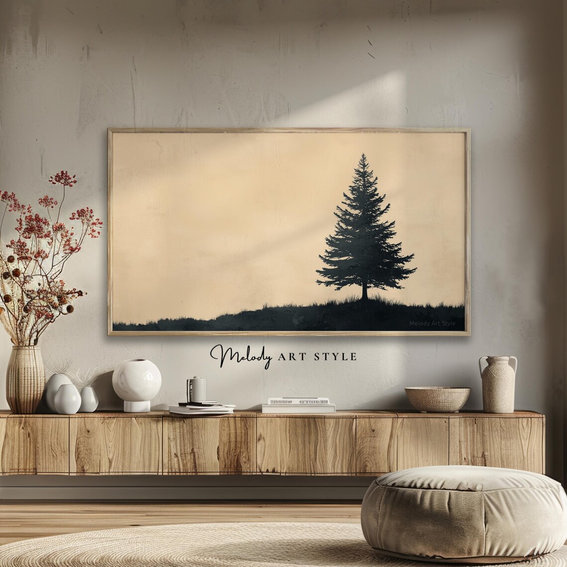 Lone Pine Tree Silhouette Warm Beige Minimalist Frame Art Poster - Image 2
