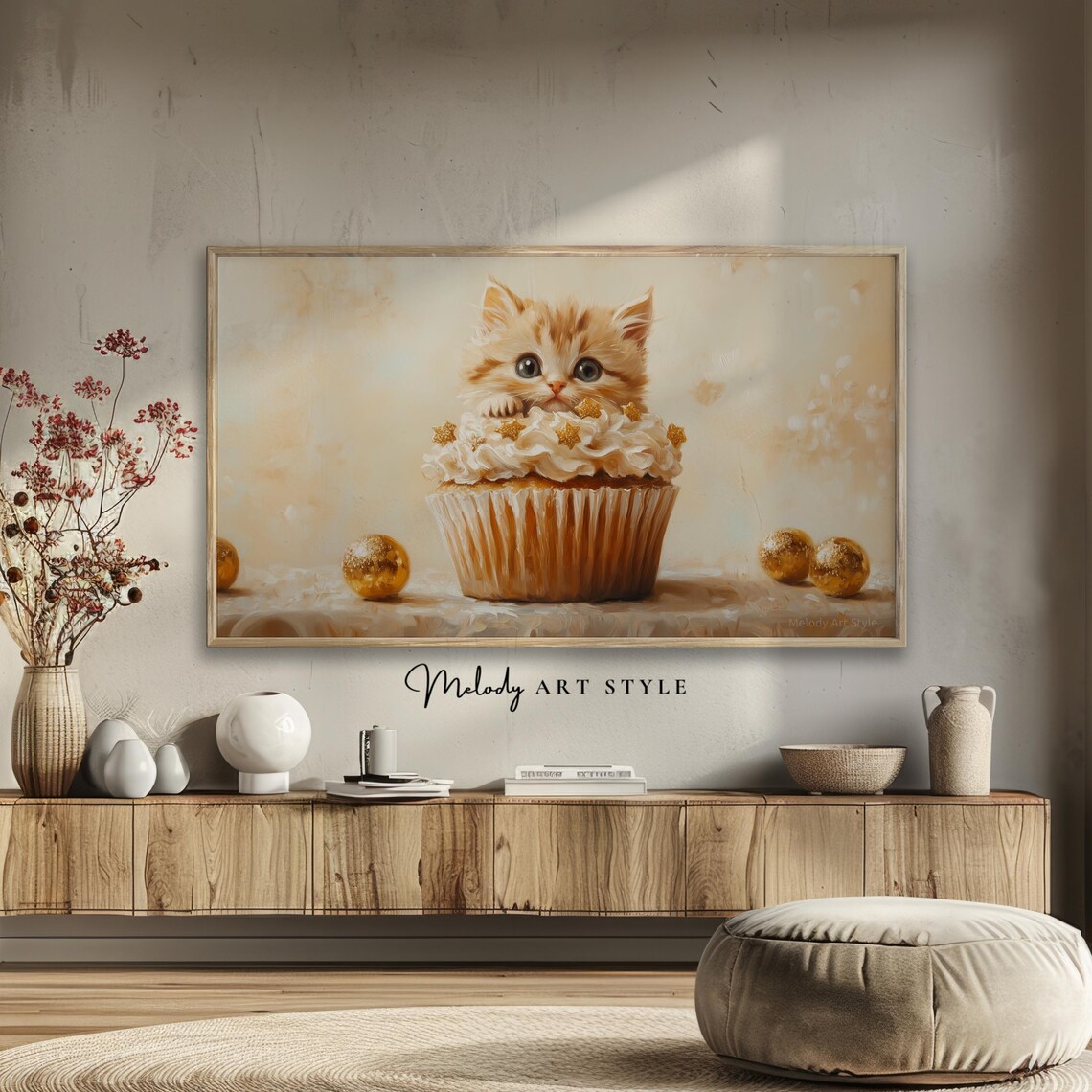 Kitten Sitting In Golden Cupcake Star Sprinkles Cute Birthday Cat Art Poster - Image 2