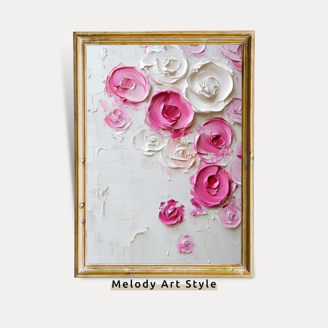 Pink White Roses Textured Impasto Oil Painting Romantic Floral Poster