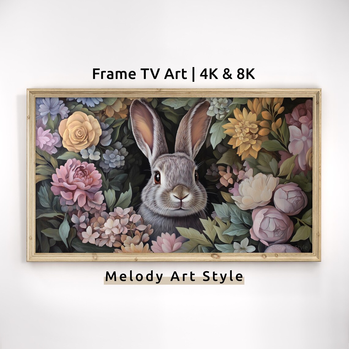 Gray Bunny Peeking Through Lush Garden Flowers Spring Poster