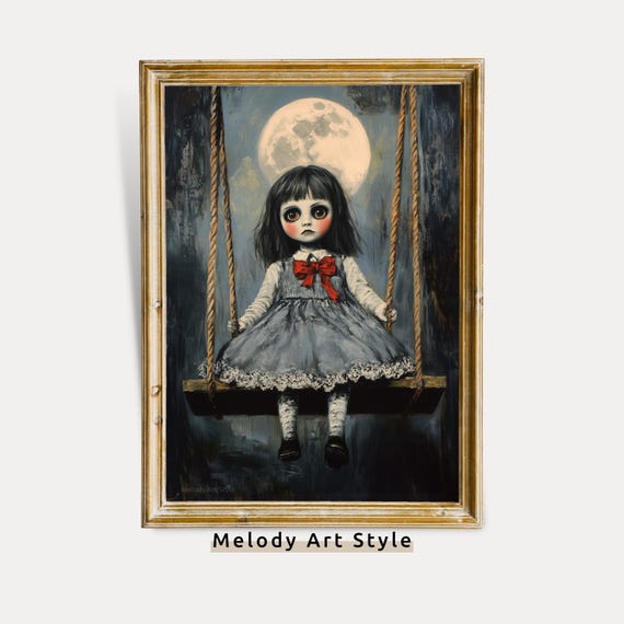 Victorian Creepy Doll Wall Art Halloween With Ghostly Girl And Moon Scary Gothic Decor For Haunted Home P661