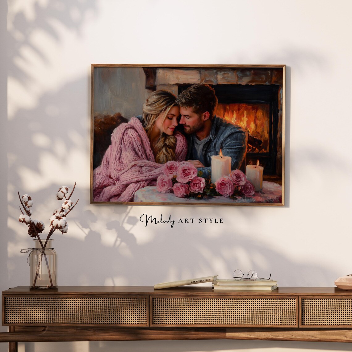 Romantic Couple By Fireplace Pink Roses Candlelight Art Poster - Image 2