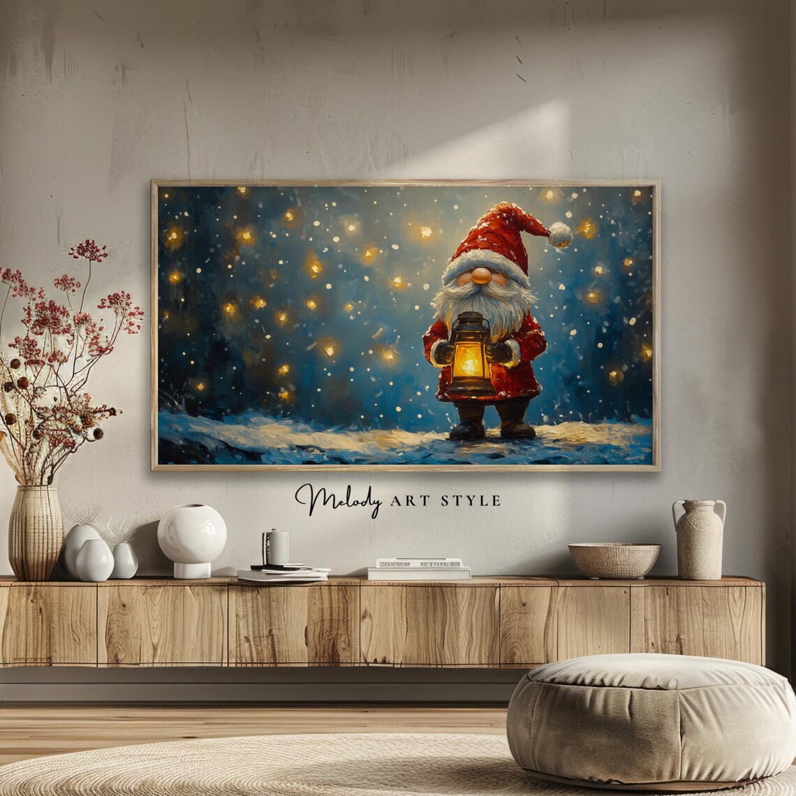 Santa Gnome Holding Lantern Snowy Night Christmas Frame TV Art Poster - Image 2