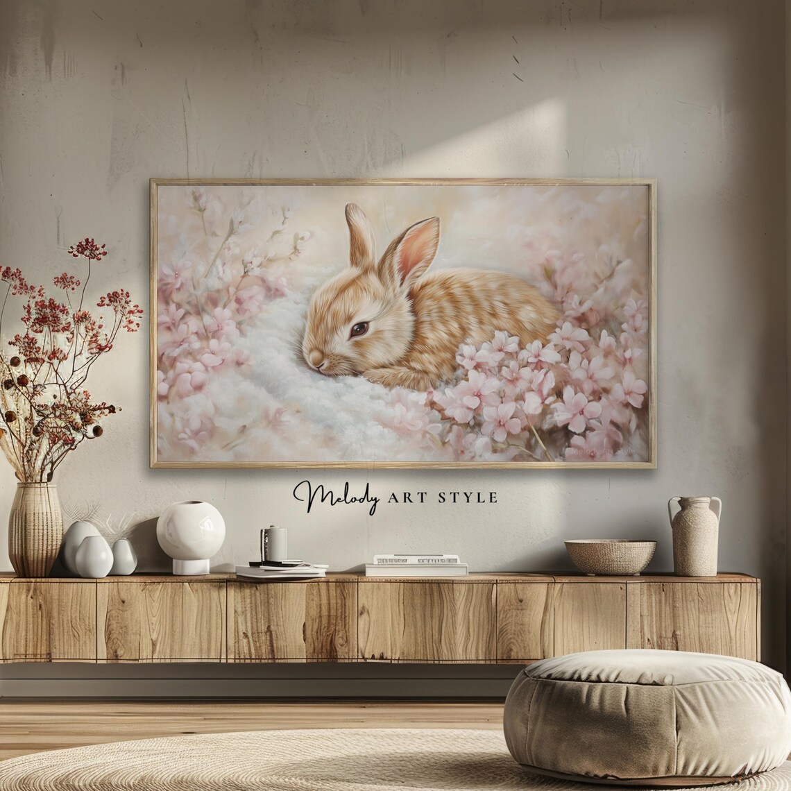 Sweet Bunny Resting Among Pink Cherry Blossoms Spring Art Poster - Image 2