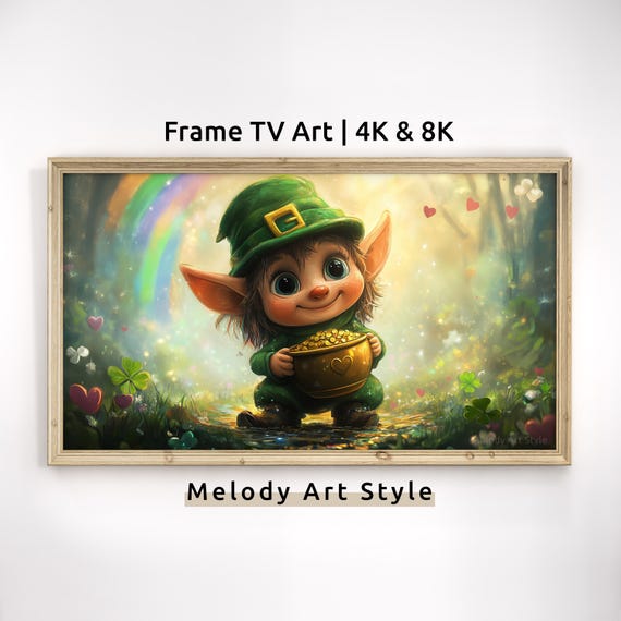 Cute St Patricks Day Leprechaun Frame Tv Art 4k 8k Pot Of Gold Shamrocks And Rainbow Screensaver Whimsical Holiday Painting Artwork F156