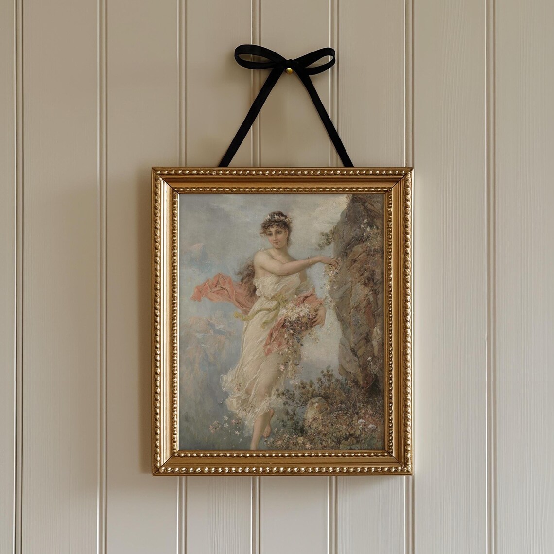 Romantic Woman Gathering Flowers Cliff French Style Painting Art Print