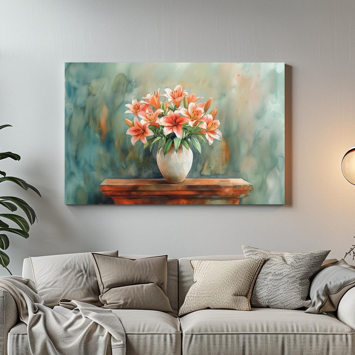 Warm Bright Orange Lilies in White Vase Watercolor Floral Poster