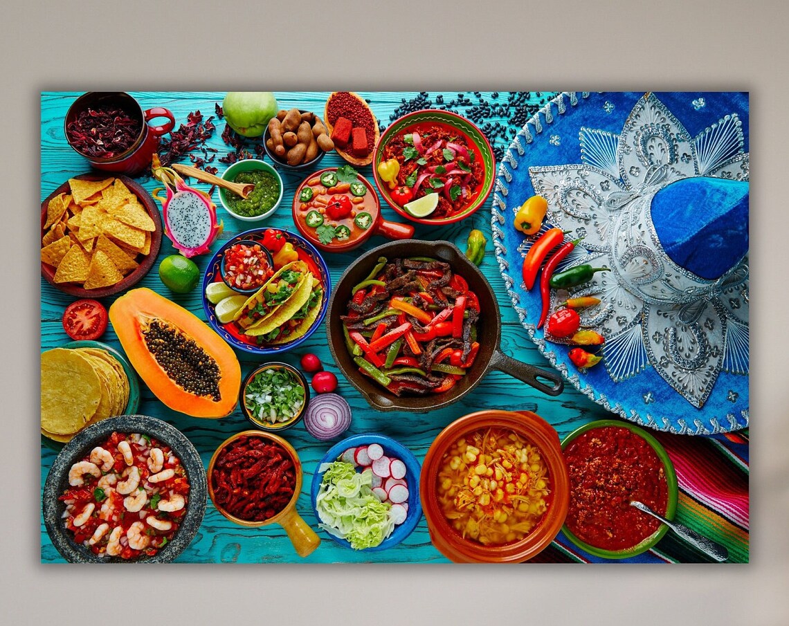 Mexican Food Spread Tacos Fajitas Salsa Colorful Kitchen Art Poster