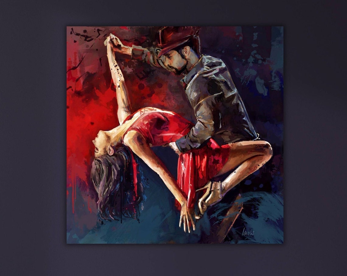 Passionate Tango Dance Couple Red Dress Dramatic Painting Poster