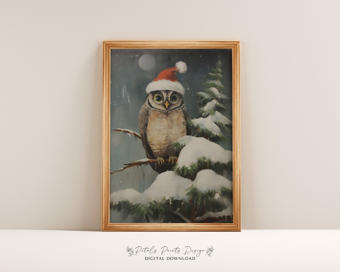 Rustic Christmas Owl Vintage Holiday Art Print