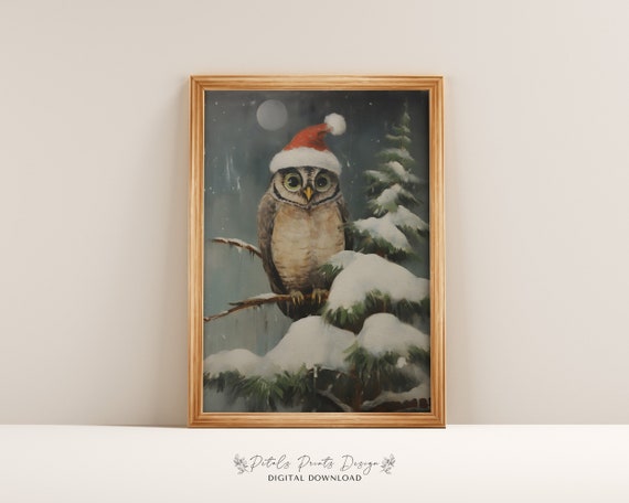 Rustic Christmas Owl Vintage Holiday Art Print