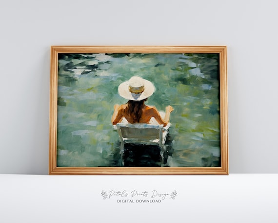 Woman in Sun Hat Floating in Green Water Summer Scene Poster