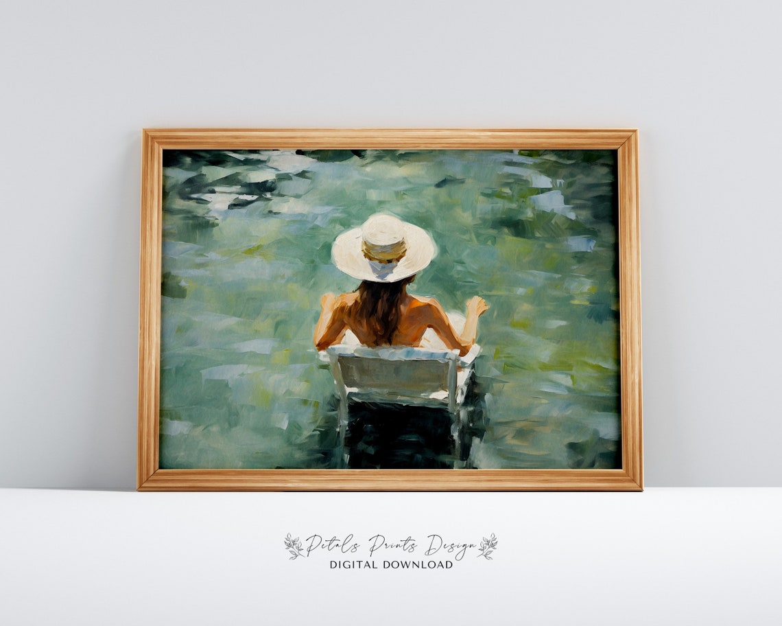 Woman in Sun Hat Floating in Green Water Summer Scene Poster