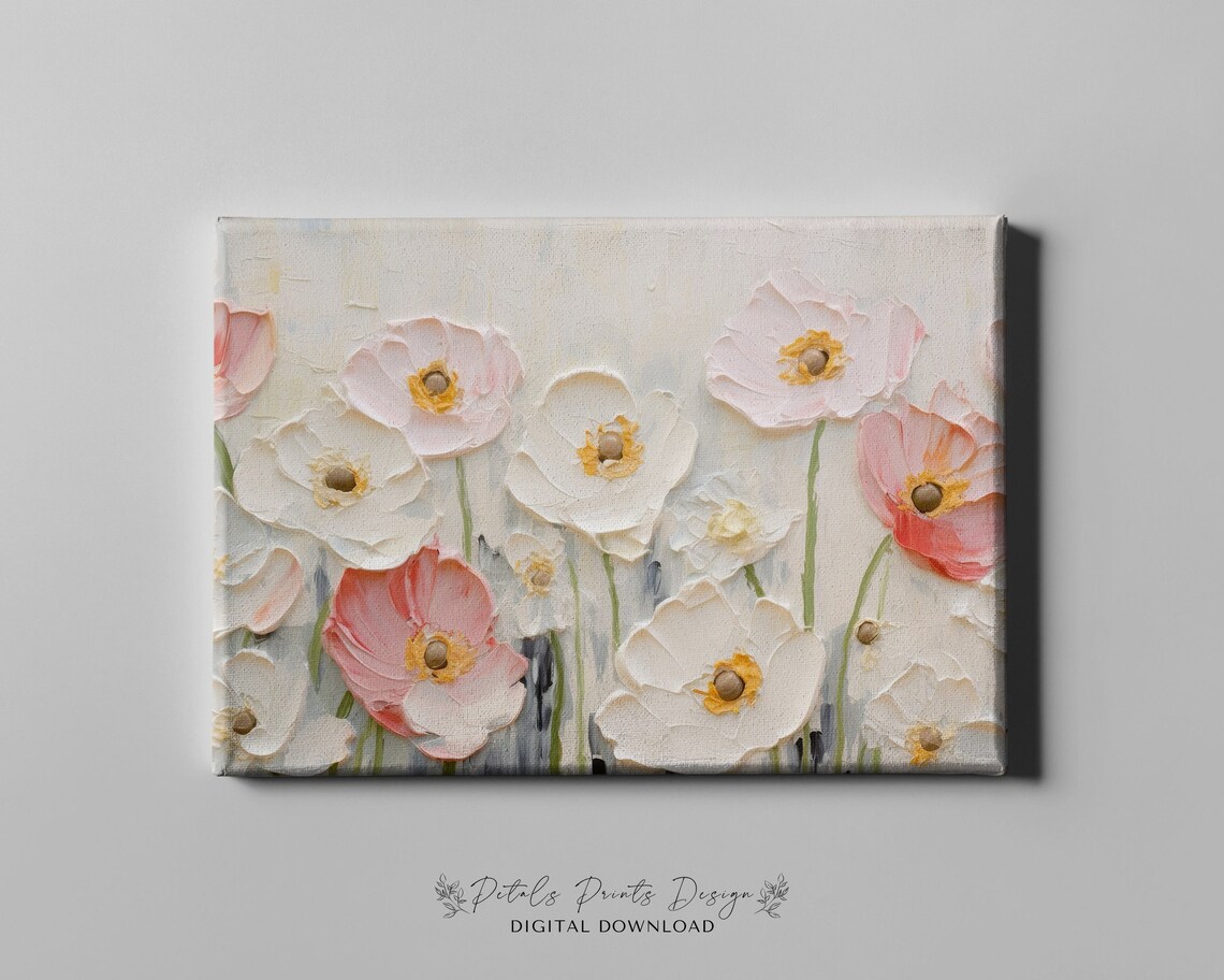 White Coral Pink Anemones Textured Spring Floral Painting Poster - Image 4