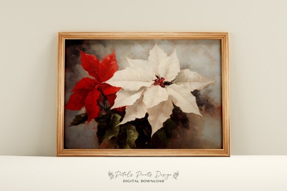 Vintage Christmas Poinsettia Rustic Holiday Art Print