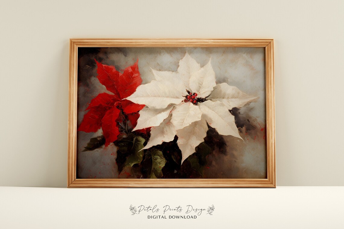 Vintage Christmas Poinsettia Rustic Holiday Art Print