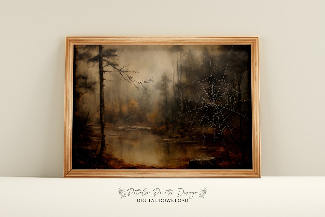 Spider Web Misty Pond Reflection Forest Vintage Halloween Poster