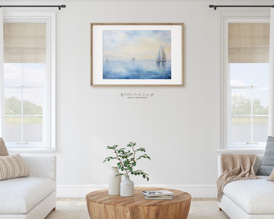 Misty Sailboats Hazy Sunset Seascape Soft Blue Watercolor Poster - Image 4